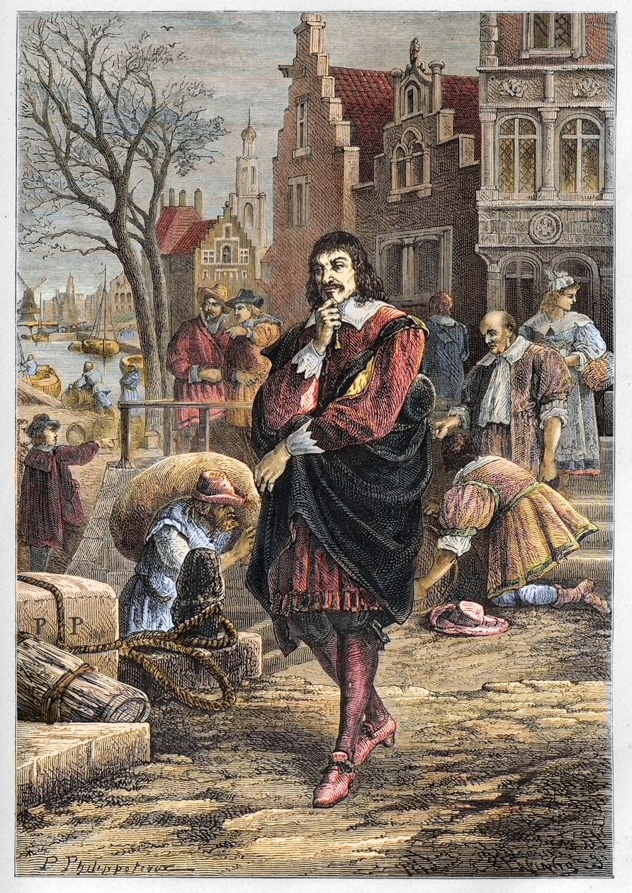 Rene Descartes (1596-1650), French philosopher and mathematician walking through the streets of Amsterdam - Descartes in Amsterdam - engraving from “” L