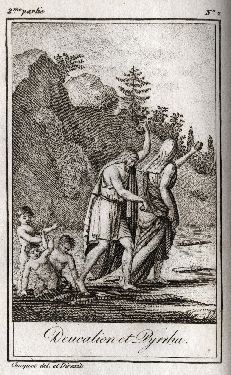 Deucalion 和 Pyrrha 的代表，他们是宙斯毁灭人类的洪水之后唯一的幸存者。 洪水过后的忒弥斯要求他们蒙着头走路，把他们母亲的骨头（地球的石头）扔在他们身后（Re 作者 匿名匿名