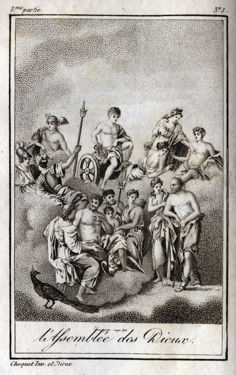 奥林匹斯山上的众神大会或十二位奥林匹斯人的代表。1819年的雕版画，载于查尔斯-阿尔伯特-德穆斯特（1760-1801）的 "Lettres a Emilie sur la mythologie"。私人收藏。 作者 匿名匿名