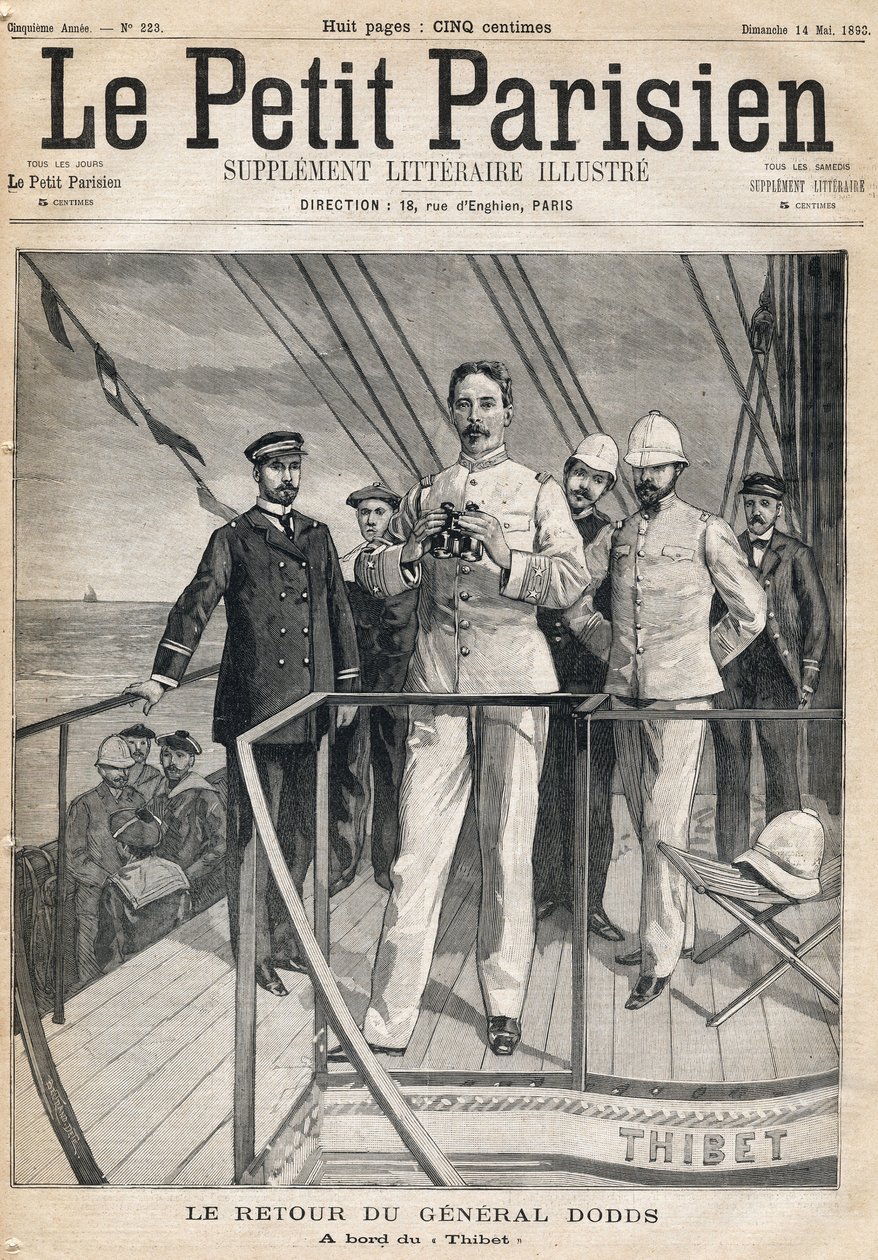 阿尔弗雷德-多兹将军（1842-1922）从 "提贝特 "号上的达赫迈特探险队返回。1893年5月14日的《小巴黎人报》之一。 作者 匿名匿名