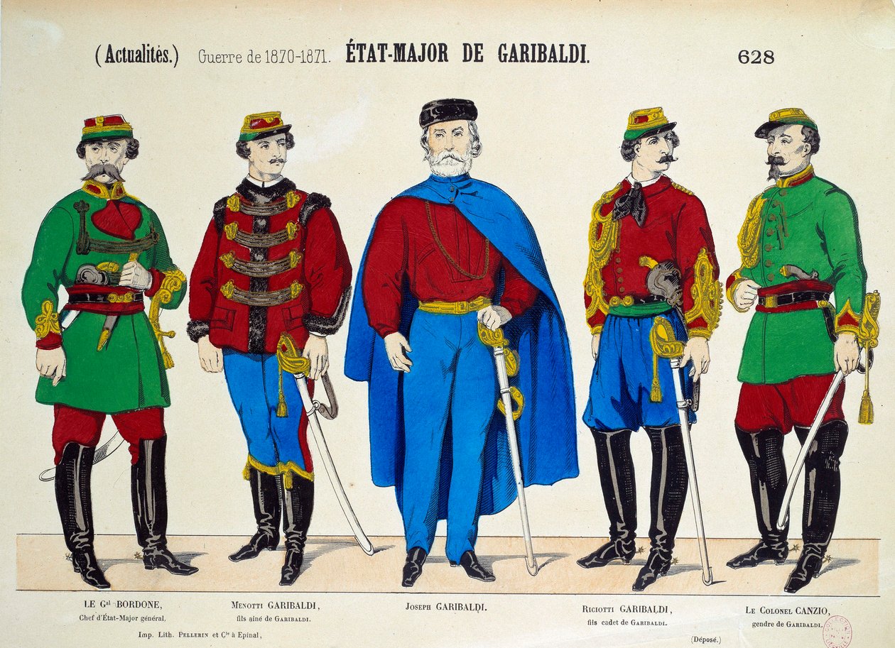 Risorgimento：Giuseppe Garibaldi (1807-1882) 的总参谋部。 意大利团结的英雄被他的两个儿子 Menotti 和 Riciotti，以及 Bordone 将军和 Canzio 上校包围。 1870 年左右的巴黎，Carnavalet 博物馆雕刻 作者 匿名匿名