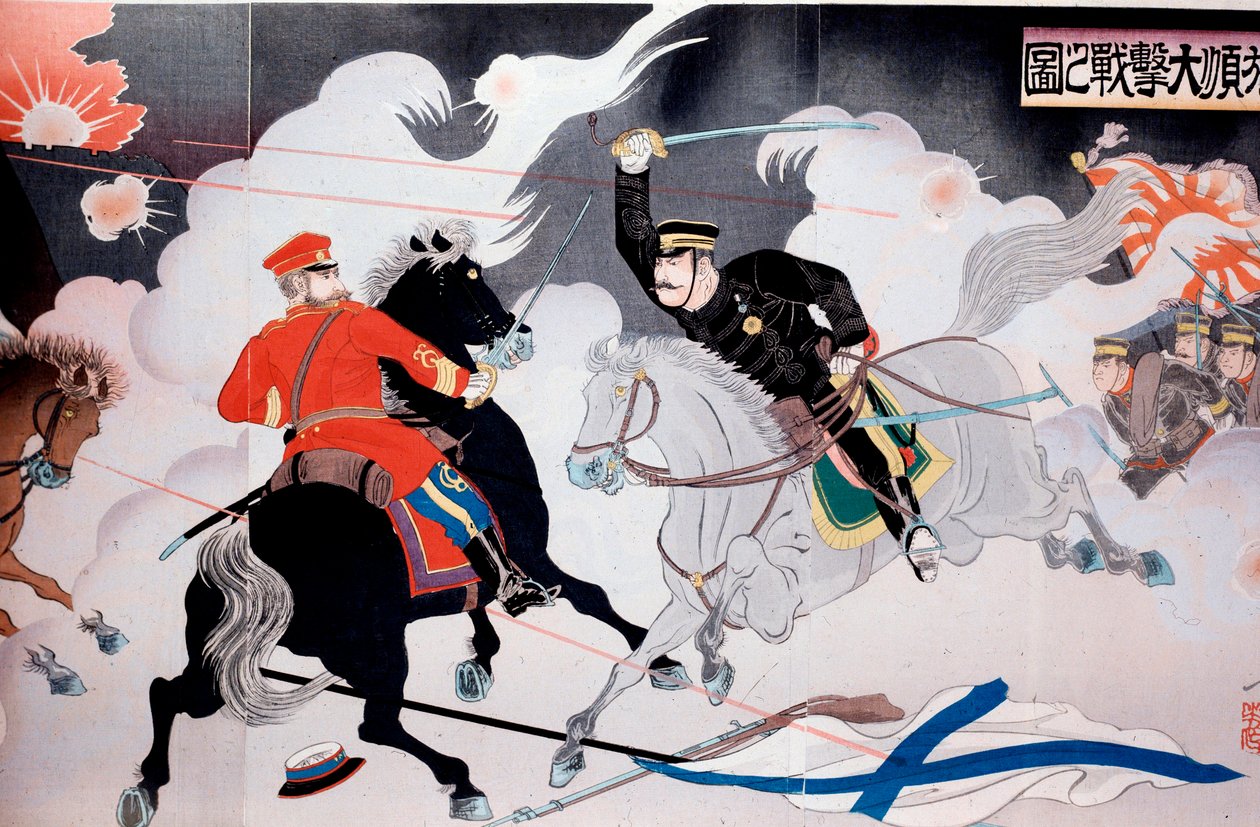 日俄战争（1904-1905）日本版画，描绘了两个骑兵的战斗。20世纪初 私人收藏 作者 匿名匿名