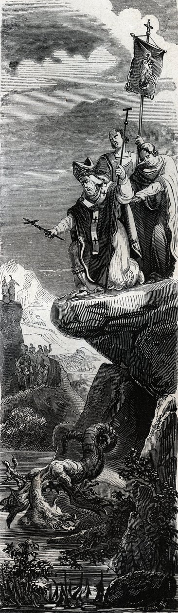 圣前线（佩里戈尔的第一位传道者）（3 世纪）在多尔多涅河中沉淀龙 - 1846 年版画“圣徒的生活””。 私人收藏。 作者 匿名匿名