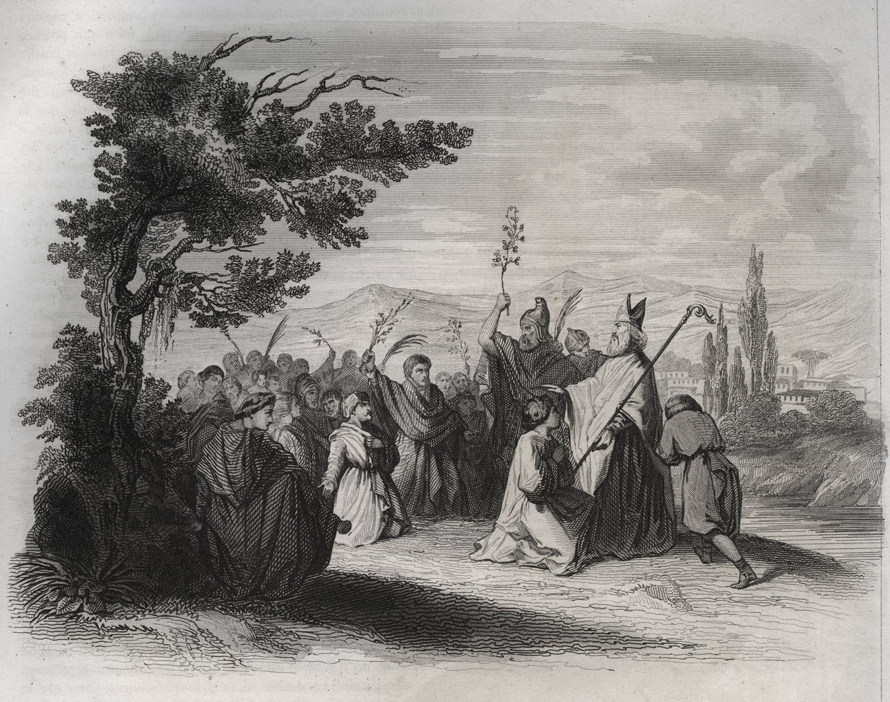 Saint Hilaire de Poitiers (310-368) returning from exile. Engraving from 1846 in “” Lives of the saints””. Private collection. 作者 匿名匿名