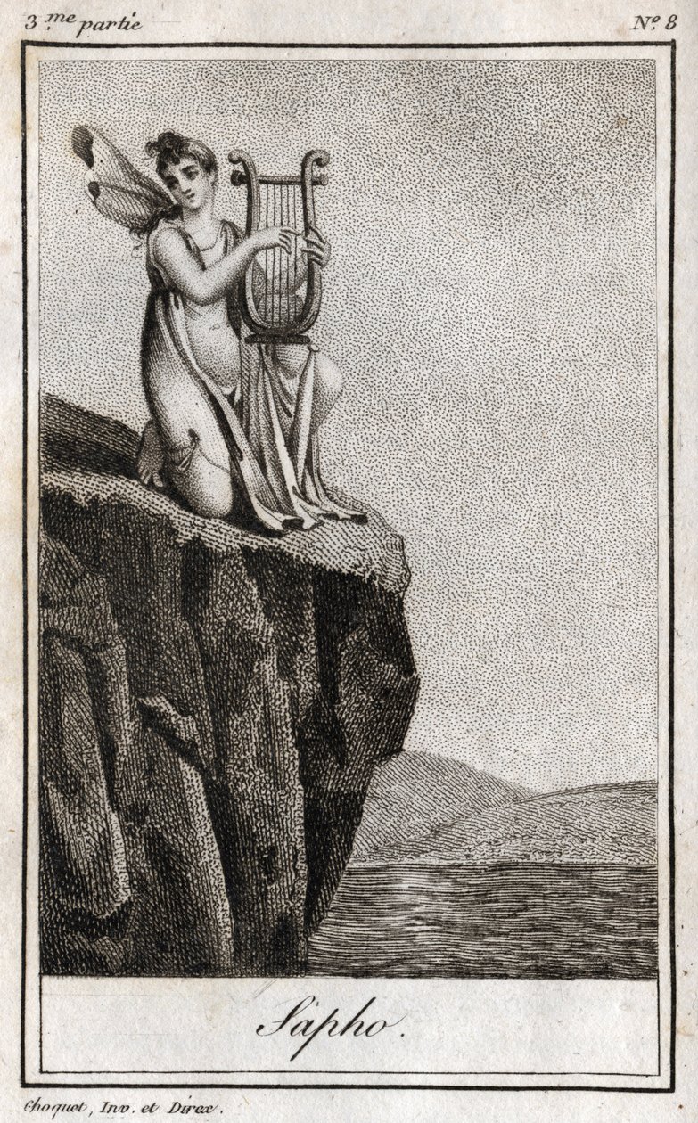 萨福（或萨福，公元前7世纪），希腊古代诗人。1819年的雕版画，载于查尔斯-阿尔伯特-德穆斯特（1760-1801）的 "Lettres a Emilie sur la mythologie"。私人收藏。 作者 匿名匿名