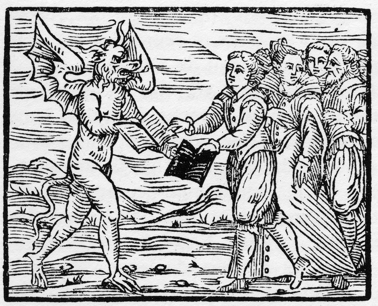 撒旦向追随者赠送一本黑书，以换取《福音书》--"Compendium Maleficarum"，涉及女巫、她们的不幸和她们的慈善事业，作者是弗朗西斯科-玛丽亚-瓜佐或瓜乔或瓜乔（15？ -16？ 作者 匿名匿名