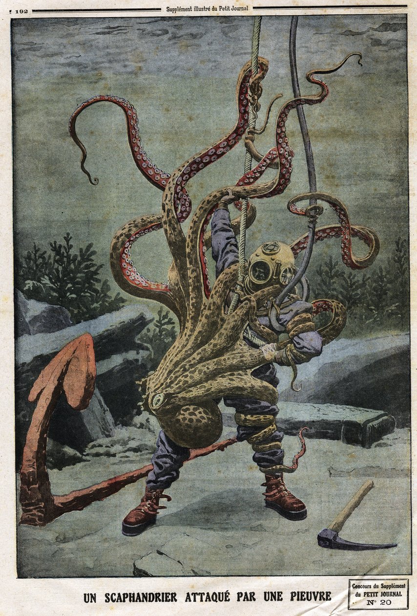被章鱼攻击的斯卡潘德。1912年6月16日在 "Le petit Journal "上的版画。私人收藏。 作者 匿名匿名