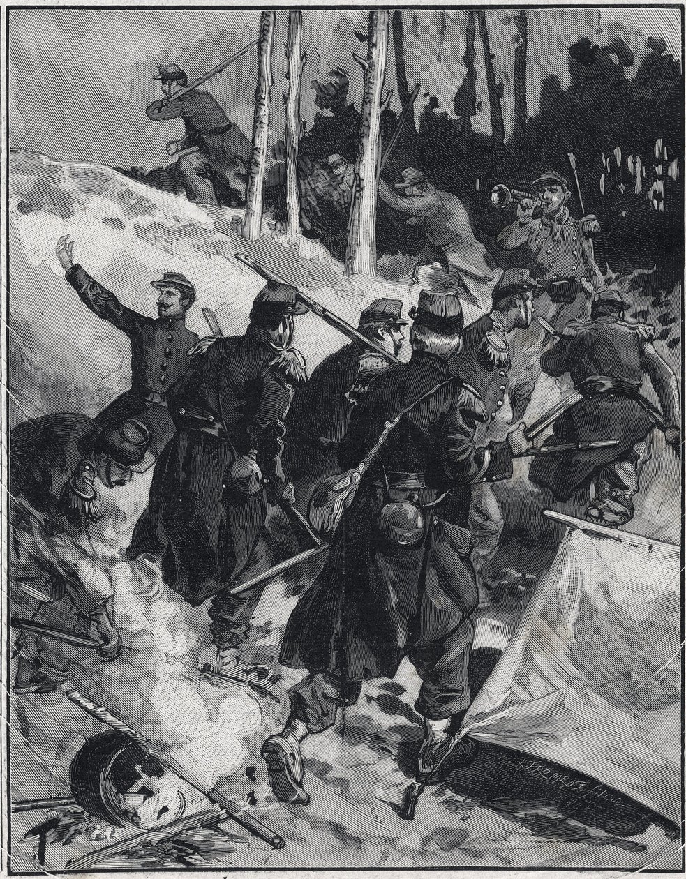埃米尔-左拉（1840-1902）的小说《大溃败》的场景。1892年2月28日在 "Le petit parisien "的雕刻。私人收藏 作者 匿名匿名