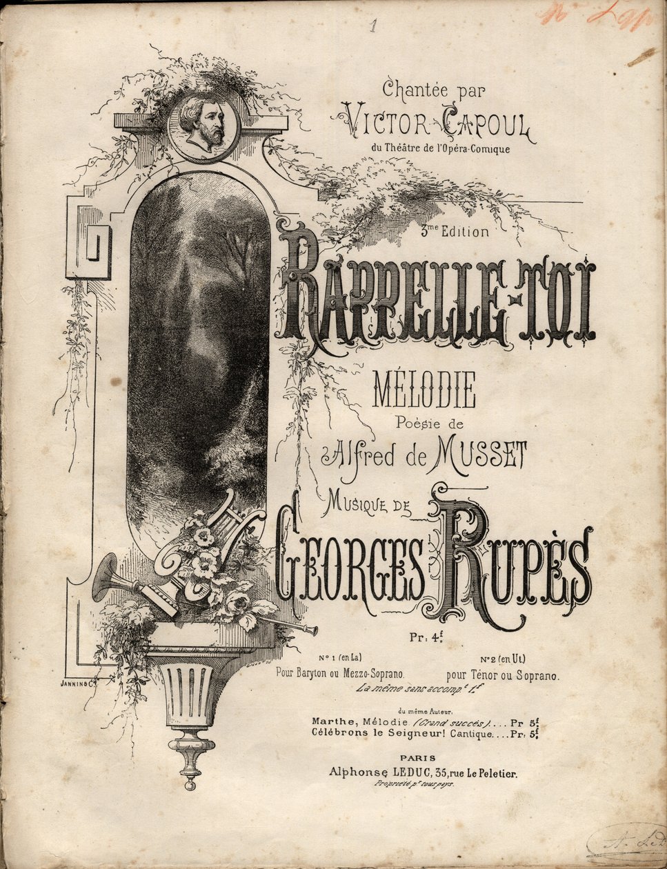 Georges Rupes根据Aldre de Musset的诗歌创作的 "remember-se "旋律的乐谱。私人收藏。 作者 匿名匿名