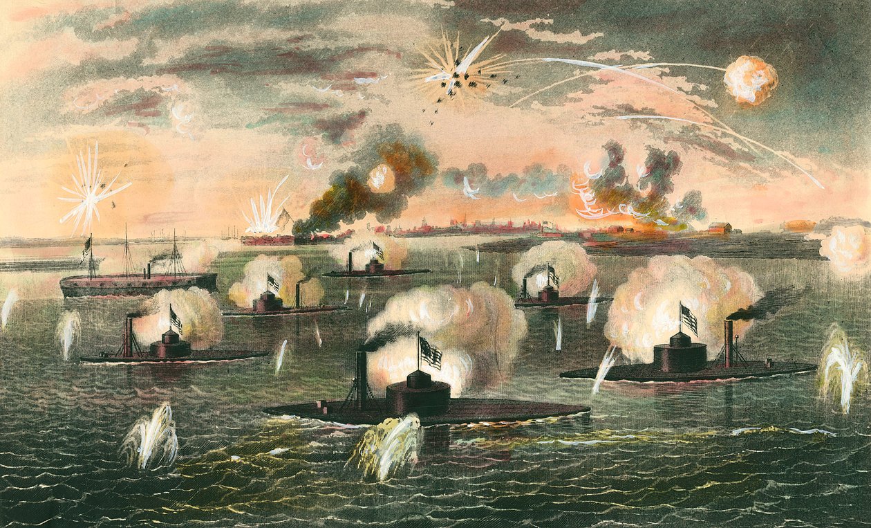 Secession War (1861-1865): “” Attack of floating batteries battleships during the Secession War”” Engraving around 1865. Private collection 作者 匿名匿名