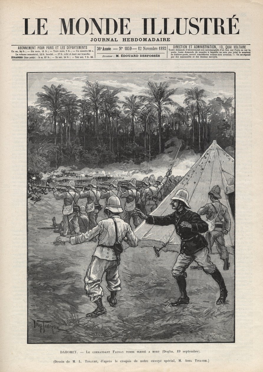 第二次达荷美战争（1892-1894）：1892年9月19日在达荷美（现在的贝宁）的多格巴战役中，法国指挥官福拉克斯死亡。一份报纸。1892年 "Le monde illustrstree "中的雕版画。私人收藏。 作者 匿名匿名