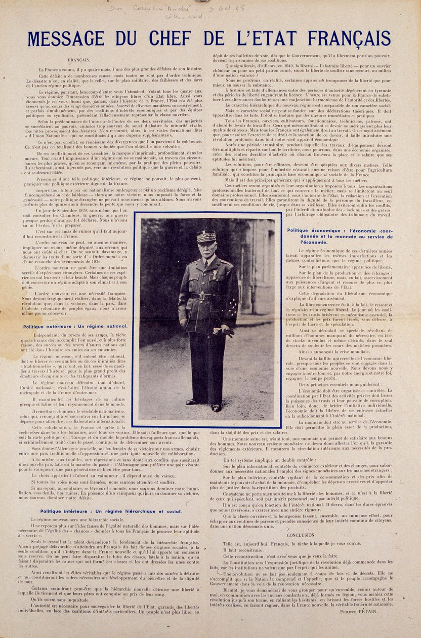Second World War and Vichy regime: message from the French head of state Philippe Petain published following the armistice signed by France in June 1940 and presenting the programme of the National Revolution, autumn 1940. Private Collection 作者 匿名匿名