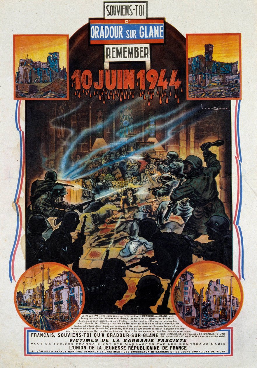 第二次世界大战：纪念1944年6月10日上维也纳的Oradour-sur-Glane（奥拉杜尔-格拉内）大屠杀的海报。这个村庄是在抵抗者抓获两名德国军官后被摧毁的。1944年 巴黎，两次世界大战博物馆 作者 匿名匿名
