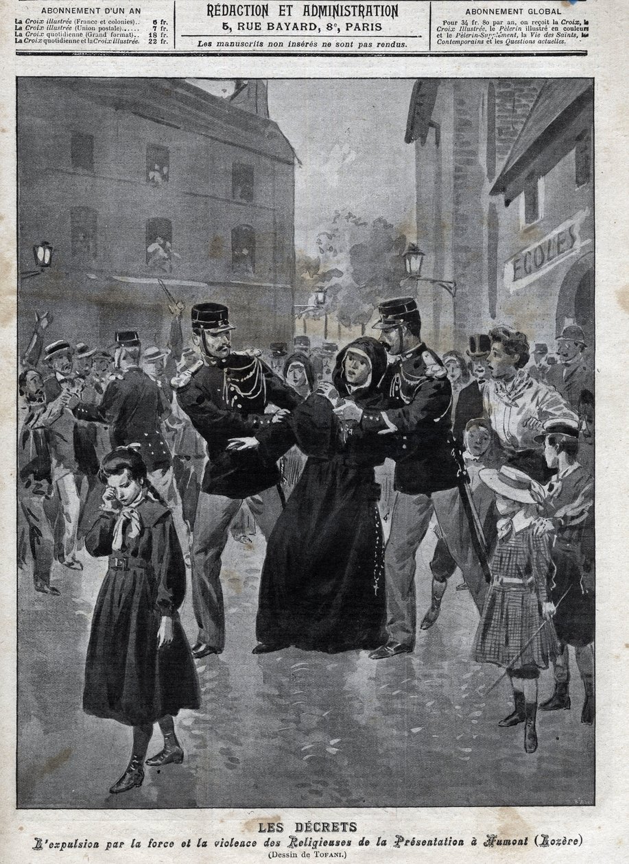政教分离--胡蒙（Lozere）执法部门将修女赶出学校--1902年 "la-croix illustree "的封面--。 作者 匿名匿名