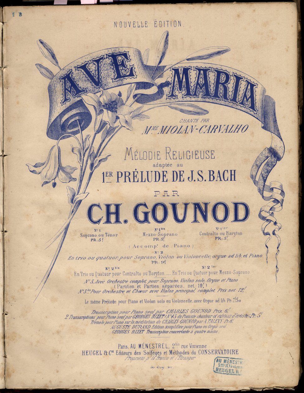 Sheet music for “” Ave Maria””.Religious Melodie Adapted Au 1er Prelude By J.S. Bach. by Charles Gounod. Private collection. 作者 匿名匿名