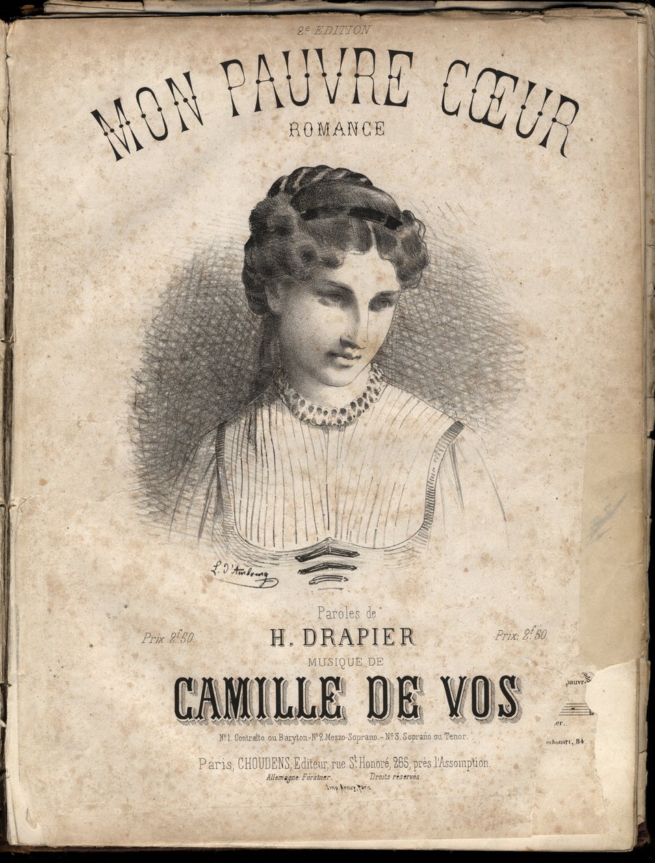Sheet music for "My poor heart" lyrics by H. Drapier music by Camille de Vos.私人收藏。 作者 匿名匿名