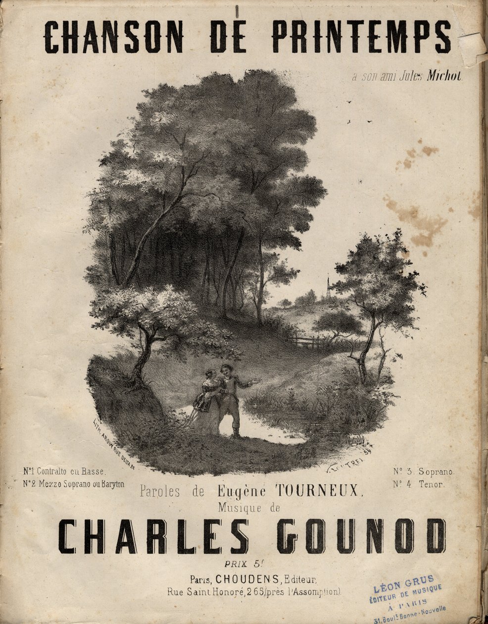 Sheet music for “” chanson de printemps”” lyrics by Eugene TOURNEUX music by charles GOUNOD. Private collection. 作者 匿名匿名