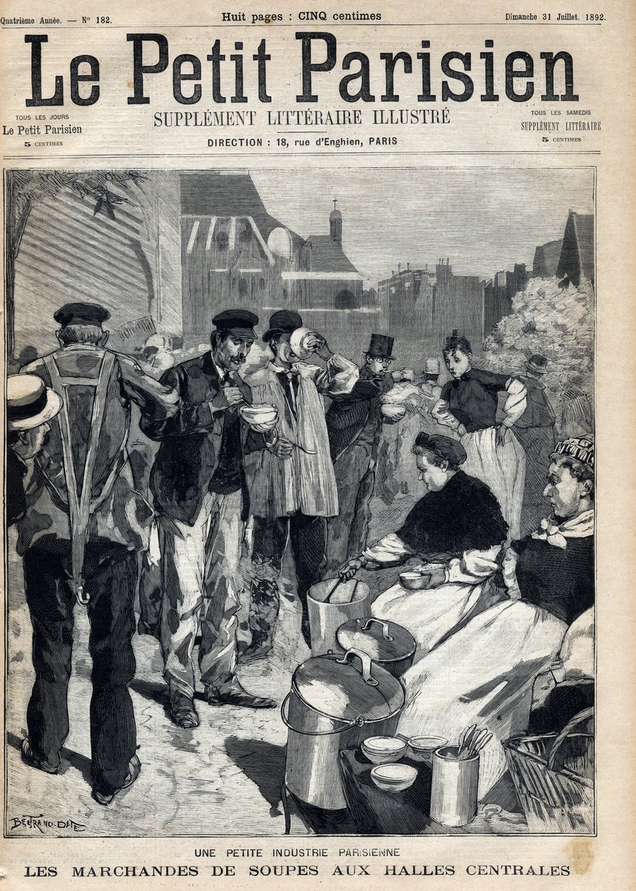 巴黎的小产业：中央市场的汤品商人。雕版画。1892年7月31日 "小巴黎人 "报纸上的一张。私人收藏 作者 匿名匿名
