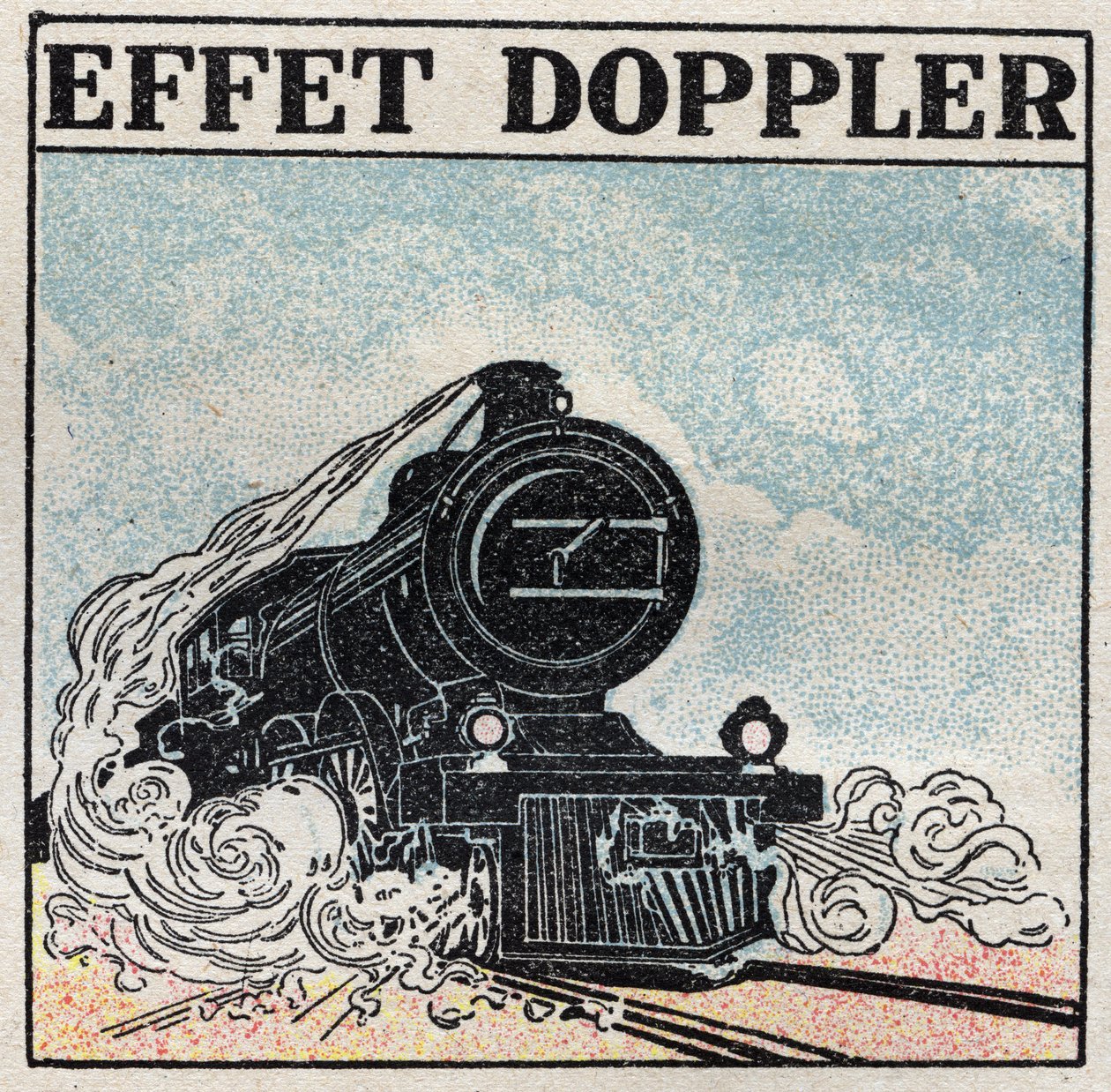 Sound energy: Doppler effect highlighted in 1842 by Christian Andreas Doppler (1803-1853). The whistle of a locomotive has a sharp sound when it arrives and becomes severe when it moves away. Anonymous illustration from 1925. Private collection. 作者 匿名匿名