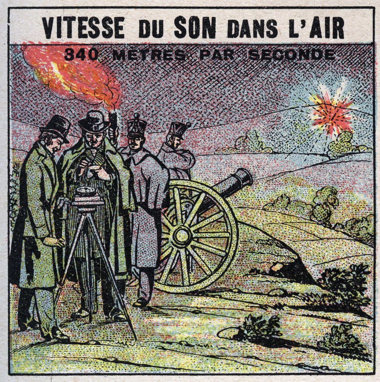 声能：空气中的声速。1822年路易斯-约瑟夫-盖-吕萨克（Louis Joseph Gay Lussac）（1778-1850）和弗朗索瓦-阿拉戈（1786-1853）的经验，他们在蒙特勒里和维勒尤夫之间进行了一系列的炮击。1925年的匿名插图 作者 匿名匿名