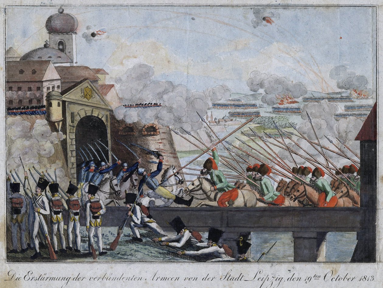 盟军对莱比锡市的猛攻 - 莱比锡战列舰 ou bataille des Nations (16-19 sctobre 1813) - 匿名 - 1813 年 - 蚀刻，水彩 - 33,3x27 - 私人收藏 作者 匿名匿名