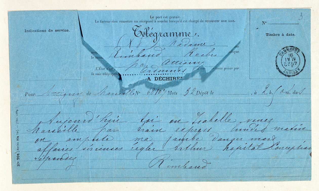 Telegram from Rimbaud to his mother, Marseille, May 22 作者 匿名匿名