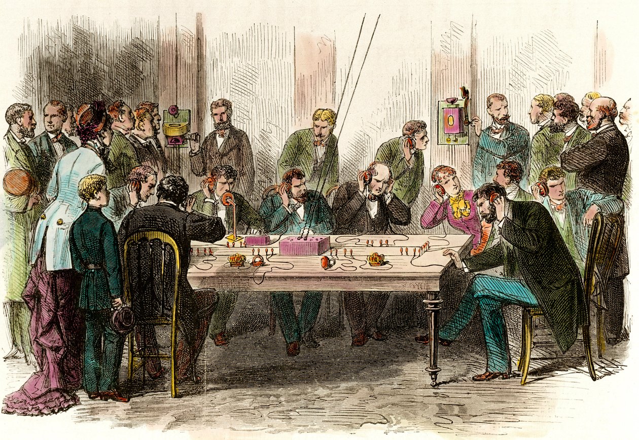 1879 年 6 月 9 日在巴黎圣拉扎尔 (Saint-Lazare) 车站候车室的电话体验。 雕刻 19 世纪私人收藏 作者 匿名匿名