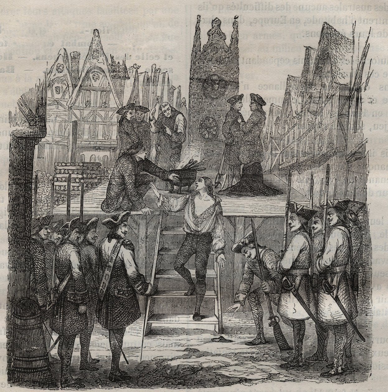 1766年，Chevalier Francois-Jean Lefebvre de La Barre（弗朗索瓦-让-勒菲布尔-德-拉巴尔）登上了脚手架。皮埃尔-扎科内（1817-1895年）在《从创建到现在的袋子史》（1877年）中的版画（Colonia Penale--刑场）。 作者 匿名匿名