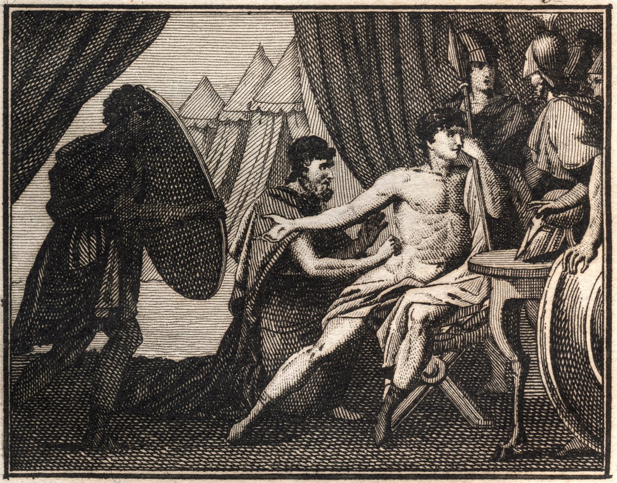 The Death of Epaminondas (after the battle against the Spartans at Mantineia 362 BC.). Engraving from “” The Rollin of Youth or Selected Pieces of Ancient and Roman Stories”” 1816. Private collection. 作者 匿名匿名