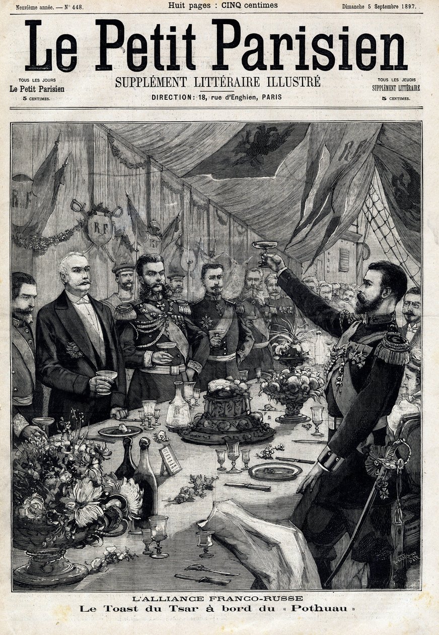 法俄联盟：沙皇尼古拉二世（1868-1918）为法国总统费利克斯-福尔（1841-1899）在Pothau号上敬酒。在1897年9月5日的 "小巴黎人 "上。私人收藏 作者 匿名匿名