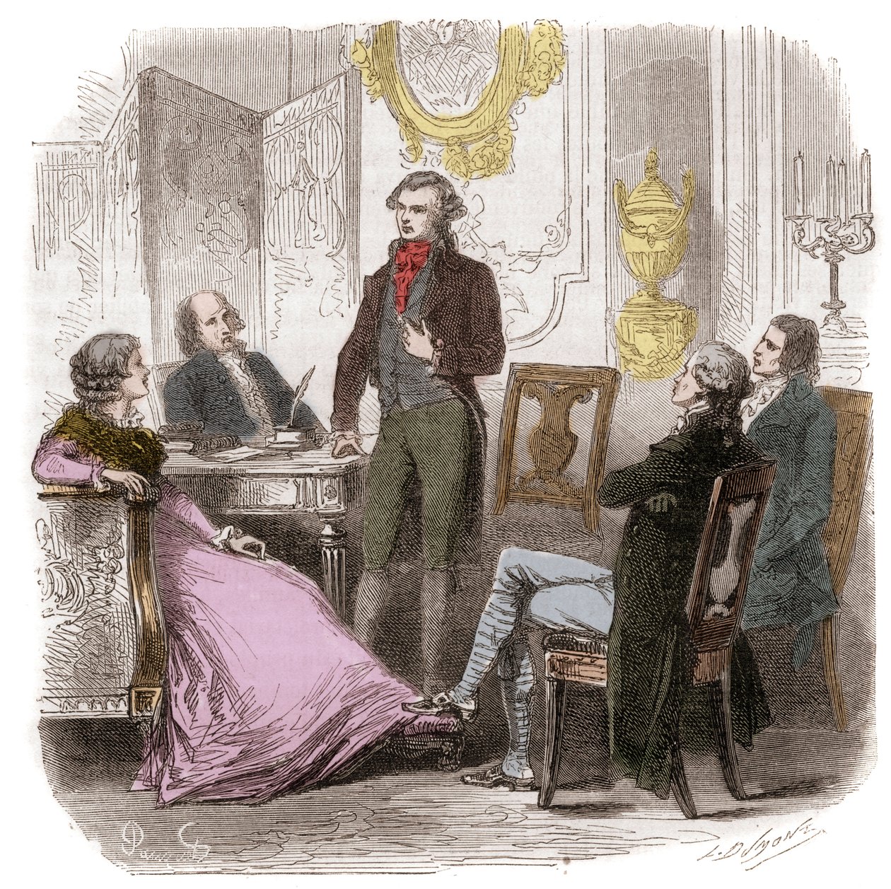 罗兰夫人家中的吉伦特人 - Reunion des Girondins chez Madame Roland (Manon (Jeanne Marie) Roland Philipon) (1754-1793) - Alphonse de Lamartine (1790-1869) 1865-1866的《吉伦特人史》中的版画 - 私人收藏 作者 匿名匿名