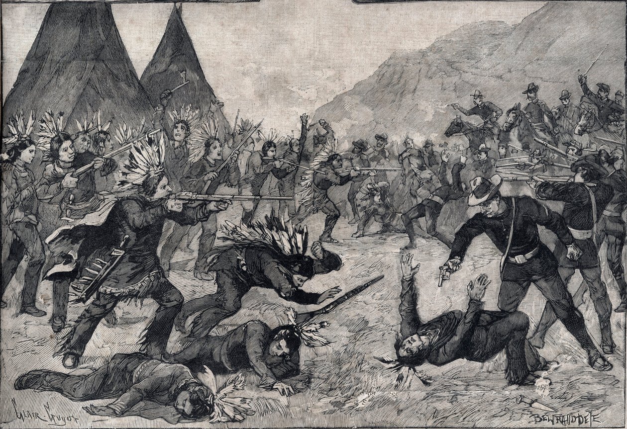 美国的印第安人起义：苏族印第安人和美国军队之间的战斗。1891年 "小巴黎人 "中的版画。私人收藏。 作者 匿名匿名