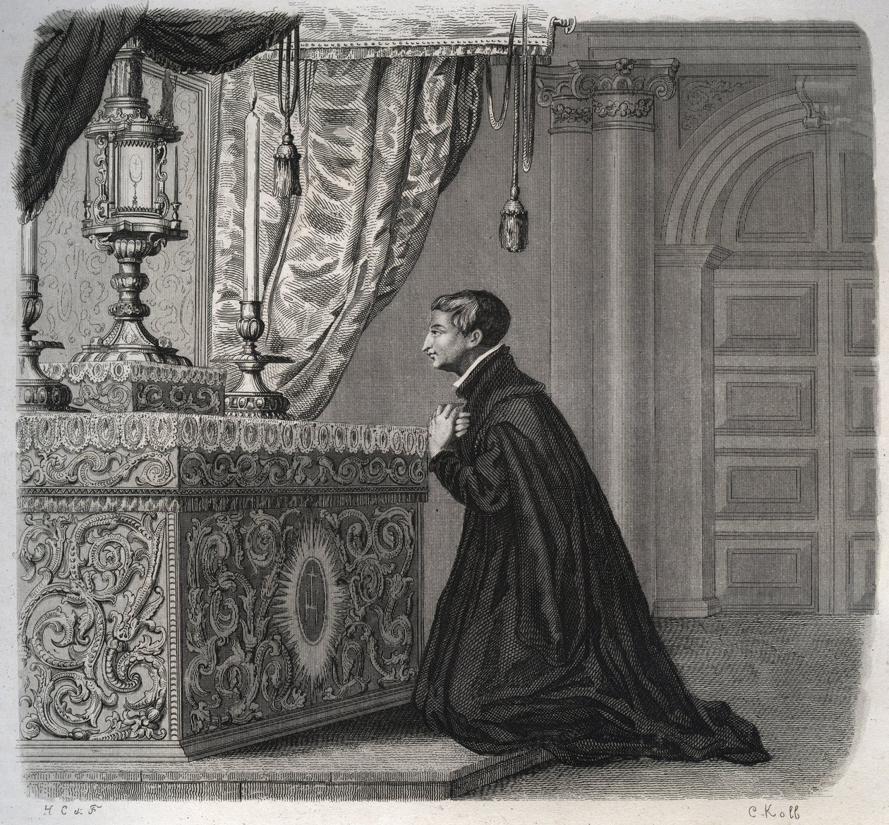 意大利耶稣会士路易-德-贡萨格（San Luigi Gonzaga）（1568-1591）在祈祷。1846年在《圣徒传》中的雕刻。私人收藏。 作者 匿名匿名