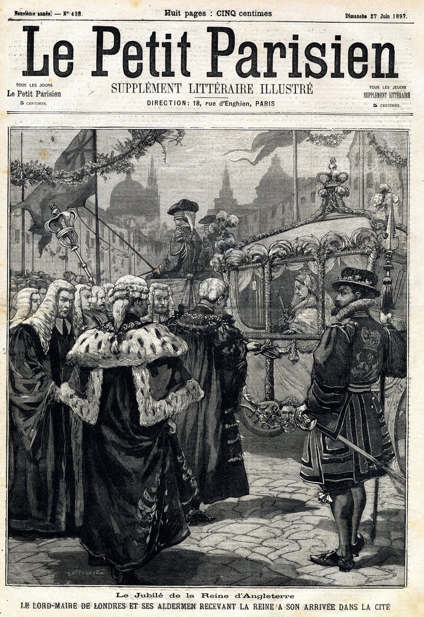 英国维多利亚女王的庆典：伦敦市长霍雷肖-戴维斯（1819-1901）和他的市议员们迎接女王抵达伦敦。在1897年6月27日的 "小巴黎人 "杂志上。私人收藏 作者 匿名匿名