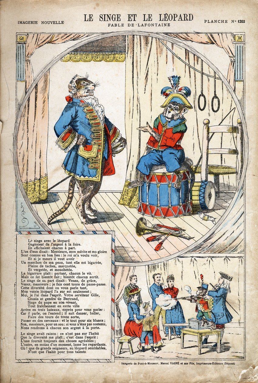 The Monkey and the Leopard. Anonymous illustration for Les Fables by Jean de LA FONTAINE (Lafontaine) (1621-1695). Imaging of Pont-a-Mousson, circa 1880. Private collection. 作者 匿名匿名