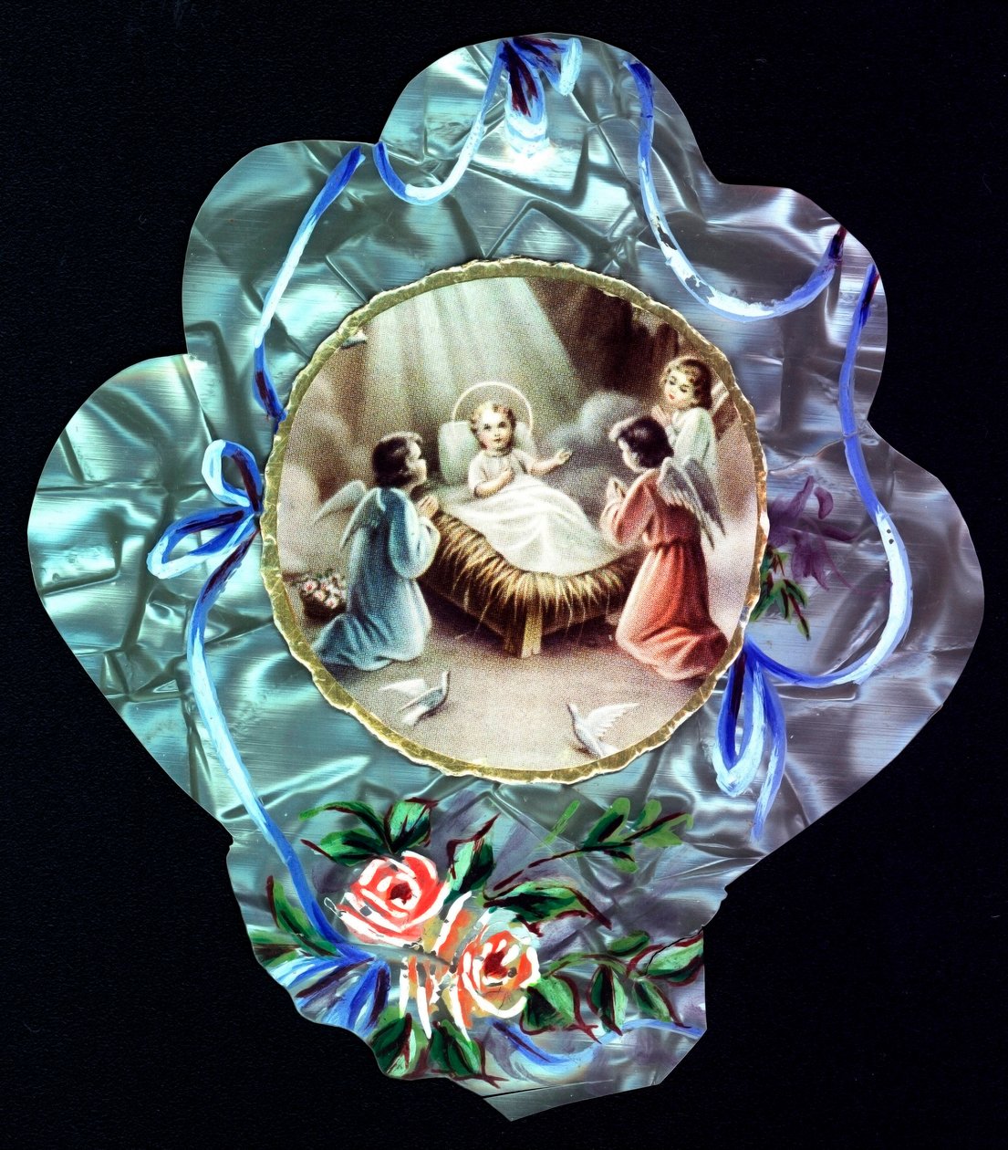 The Nativite. The child Jesus surrounds angels Pious image. Dentelee postcard. Private Collection 作者 匿名匿名