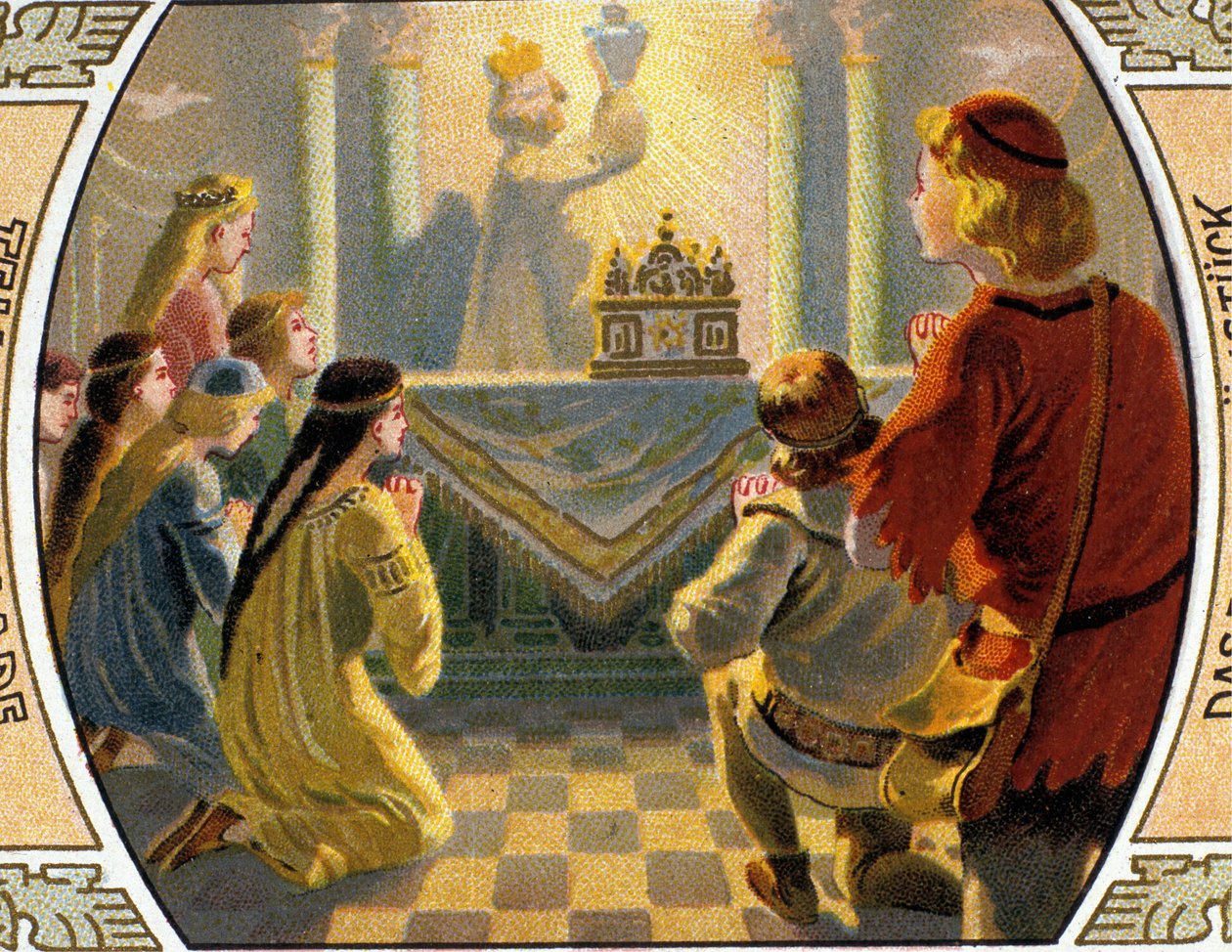 The Quest of the Holy Grail，一种神圣的容器，可以在耶稣基督被钉十字架时从伤口中收集血液。 19 世纪后期的彩色石版画 作者 匿名匿名