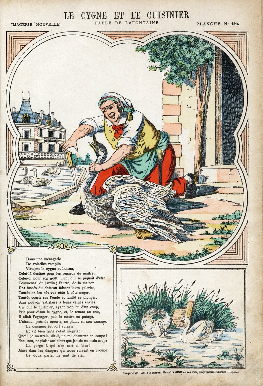 天鹅和厨师。Jean de LA FONTAINE (Lafontaine) (1621-1695)为《寓言》所作的匿名插图。庞德穆松的图像，约1880年。私人收藏。 作者 匿名匿名