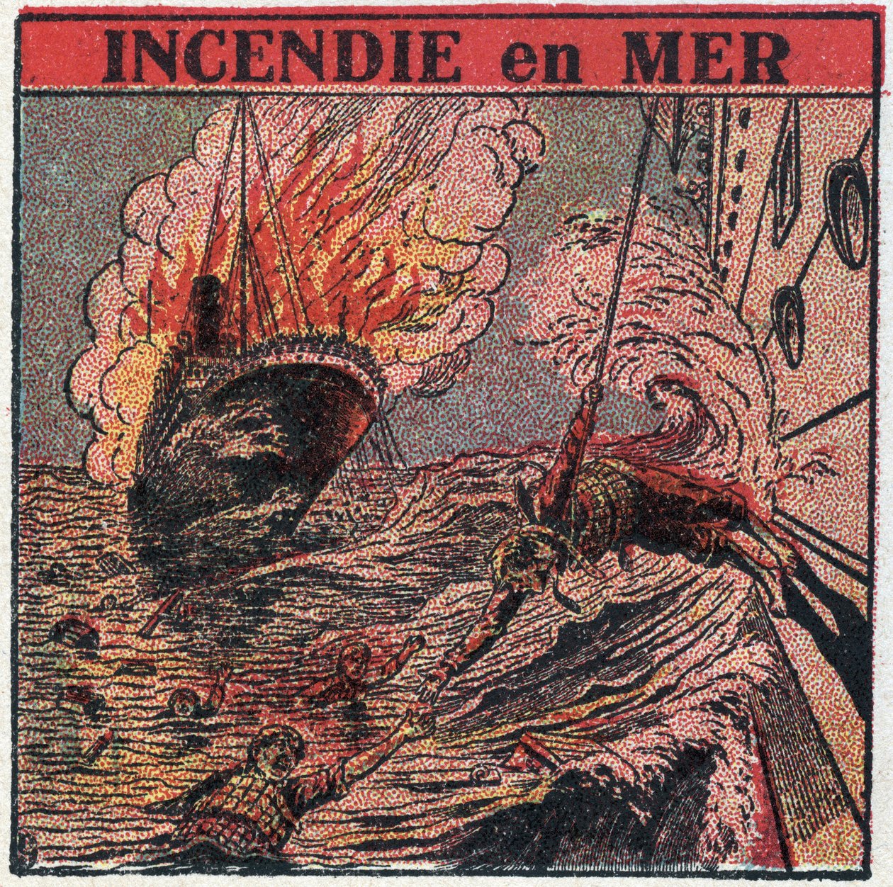 T.S.F.：海上的火。T.S.F.是船只在发生海难时用来呼救的。1925年的匿名插图。私人收藏。 作者 匿名匿名