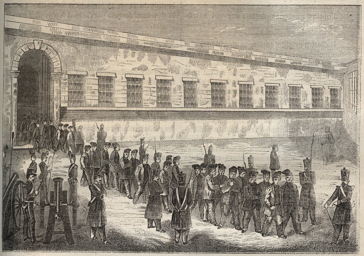 19世纪的罗什福尔的袋子。雕刻在 "Histoire des bagnes depuis leur création à nos jours"（1877年）中，作者是Pierre Zaccone（1817-1895年）（Colonia Penale-刑罚殖民地）。私人收藏。 作者 匿名匿名