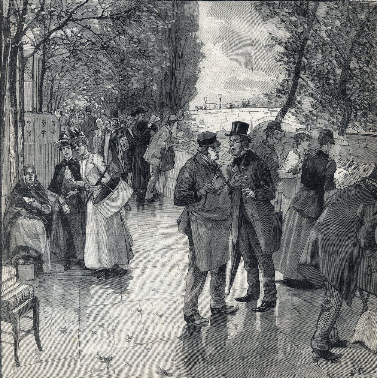 巴黎码头岸边的书本漫步。1892年10月30日在 "Le petit parisien "上的雕刻。私人收藏 作者 匿名匿名