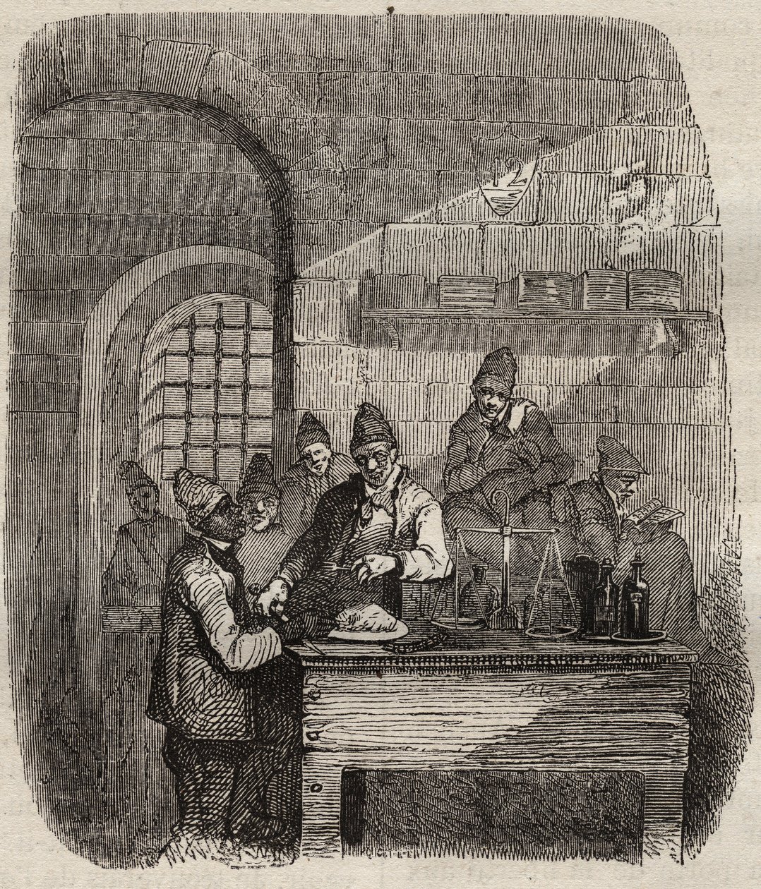 19世纪的布雷斯特监狱的食堂。皮埃尔-扎科内（Pierre Zaccone）（1817-1895年）在 "Histoire des bagnes depuis leur création to nos jours"（1877年）中的雕刻（Colonia Penale-刑罚殖民地）。私人收藏。 作者 匿名匿名