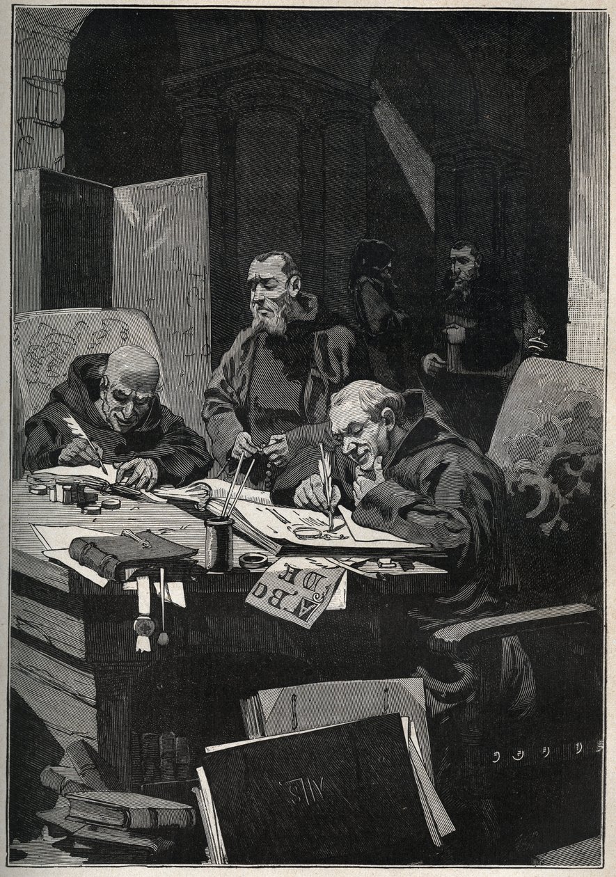 The chrysograph: copistee monks carrying out illuminations in gold letters in the middle ages. Engraving from 1885 in “” Les arts et metiers illustres”” by Adolphe BITARD. 作者 匿名匿名