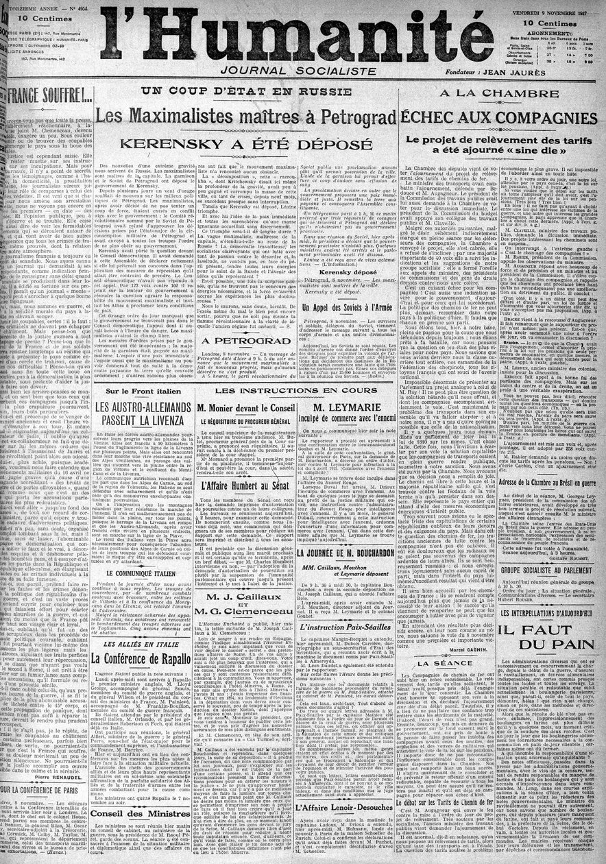 The coup in Russia on the headlines of the socialist newspaper “Humanity””. Headlines:”” The Masters Maximalists in Petrograd””, “” Kerensky was deposited””” (Kerenski), The 9/11/1917. 作者 匿名匿名