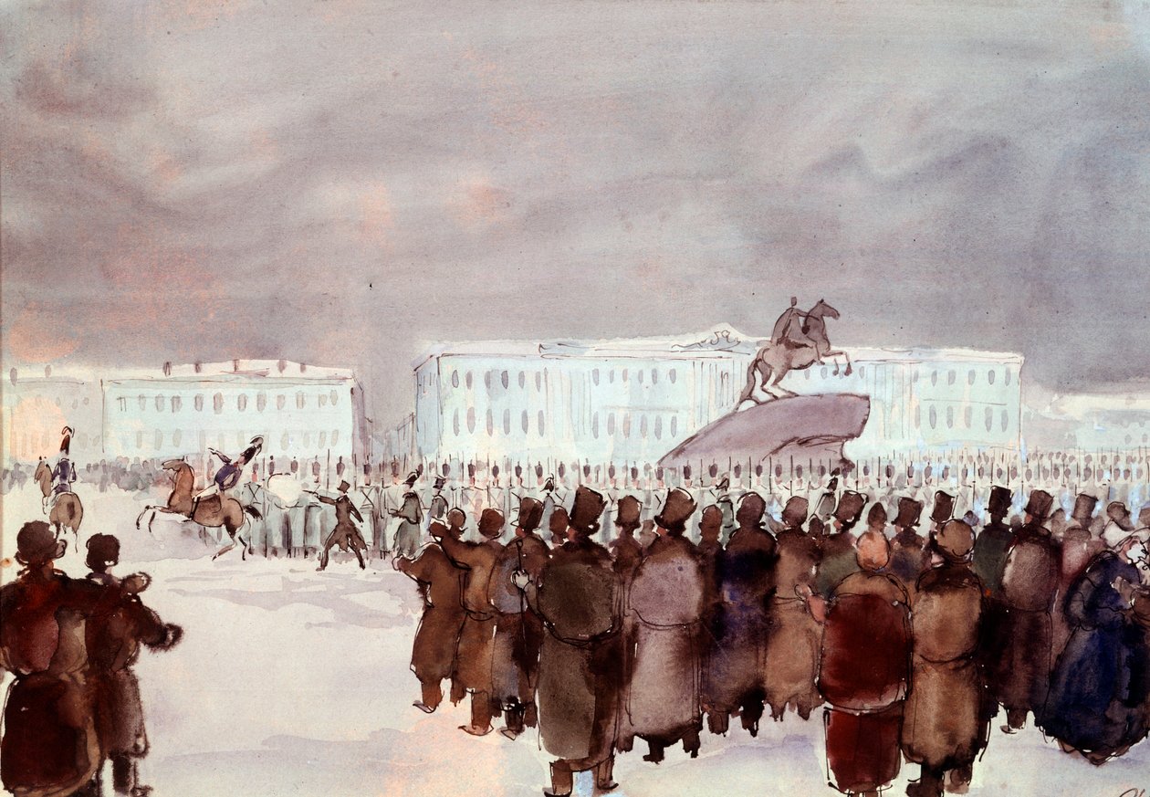 1825年十二月党人起义期间，塞纳特广场上的人群。1825年12月14日在圣彼得堡组织的硬性镇压的政变企图的十二月党人或十二月党人，以获得未来沙皇的宪法，使政权现代化。匿名人士 作者 匿名匿名