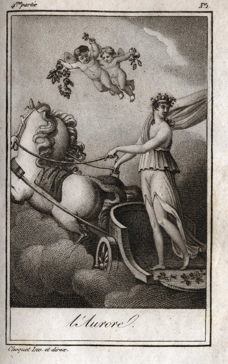 黎明（阿波罗引导太阳的战车）。日出的寓言。1819年的雕版画，载于查尔斯-阿尔伯特-德穆斯特（1760-1801）的 "Lettres a Emilie sur la mythologie"。私人收藏。 作者 匿名匿名