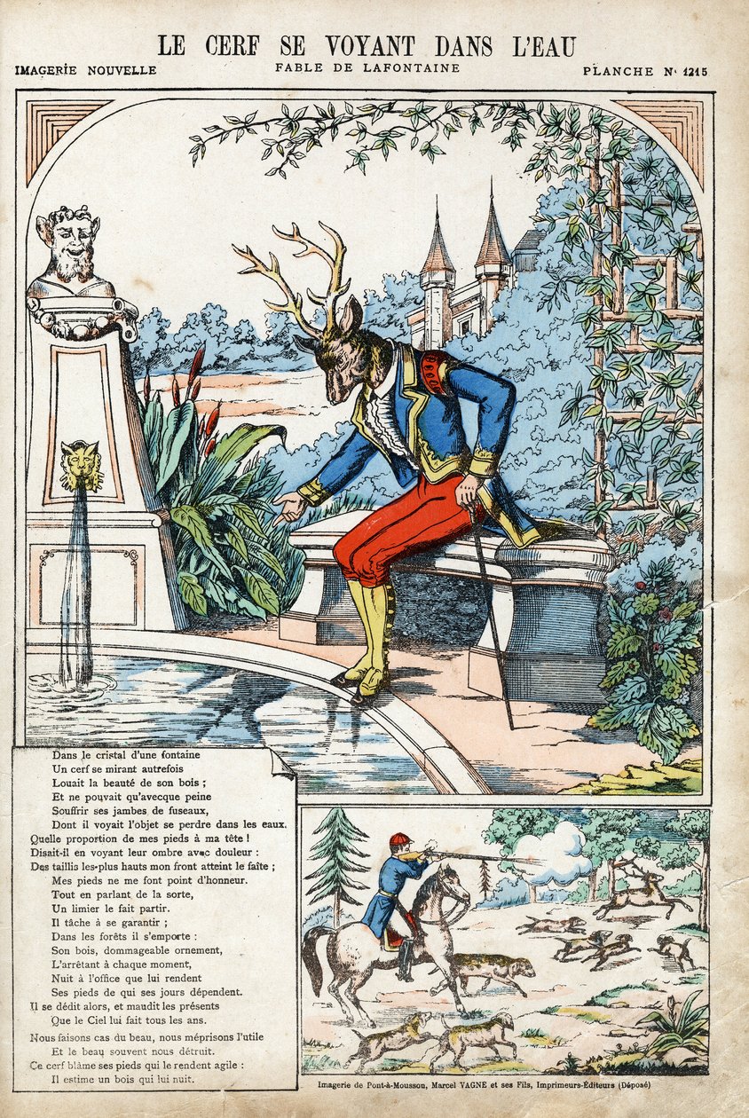 小鹿在水中看到自己。Jean de LA FONTAINE (Lafontaine) (1621-1695)为《寓言》所作的匿名插图。庞德穆松的图像，约1880年。私人收藏。 作者 匿名匿名