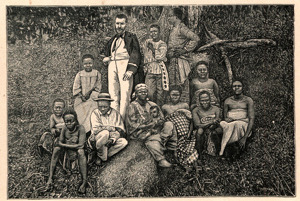 探险家Pierre Savorgnan of Brazza (1852-1905)和一群来自加蓬Two Guineas（两几内亚）教区的土著人。路易-尤金(Louis Eugene)-卢韦(Louvet)在 "Les Missions Catholiques au XIXeme Siecle "中的版画。 作者 匿名匿名