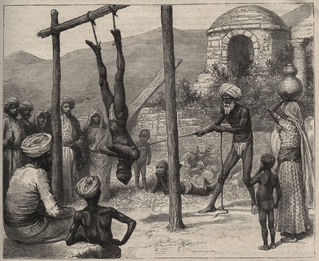 印度的苦行僧 - 印度的苦行僧 (Faquir) - 被双脚挂在木条上 - 雕刻于 1892 年的“航海日志”。 作者 匿名匿名