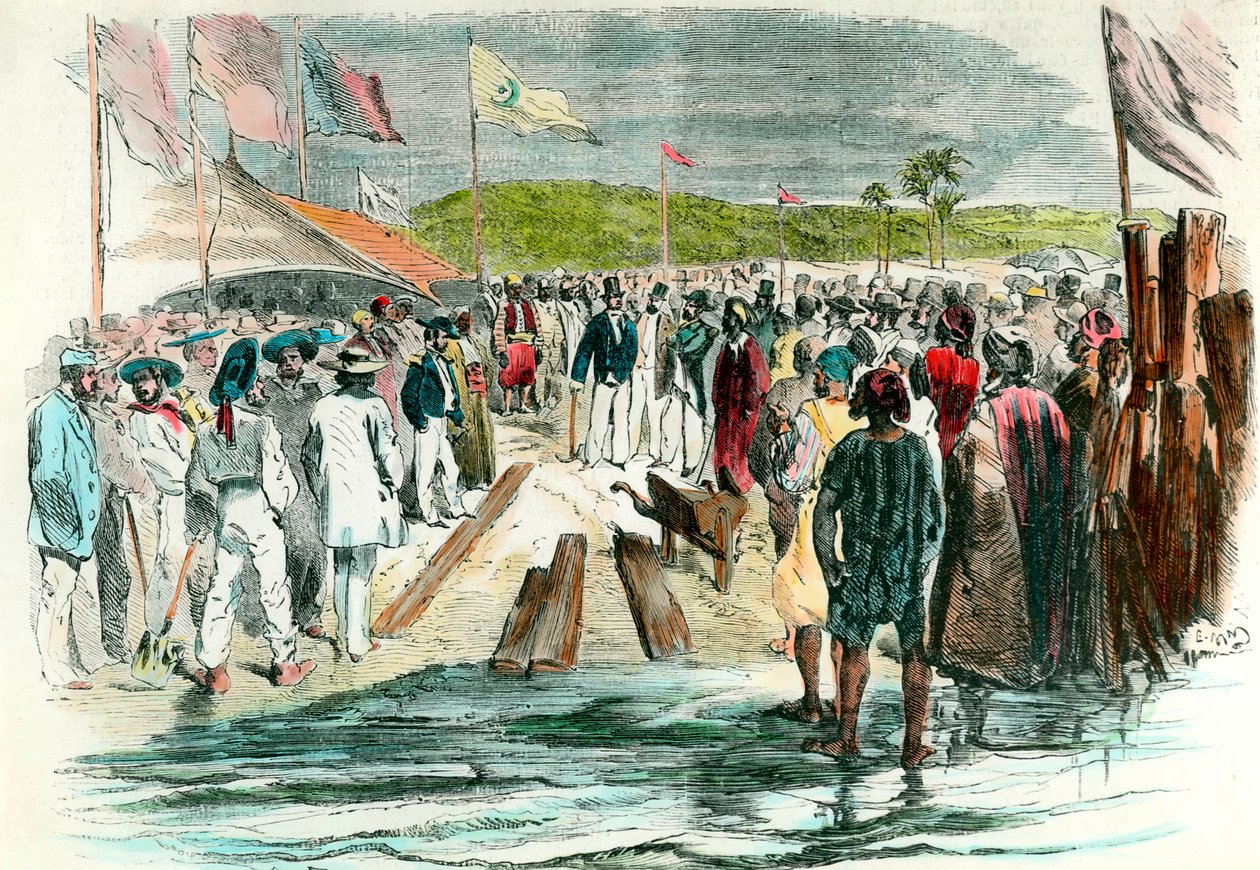 The first pick-up at the inauguration of the drilling works on the Suez Canal on 25 April 1859 The construction site in Egypt intended to connect the Red Sea to the Mediterranean Sea lasted until 1869. Engraving of the 19th century Collection Particuliere 作者 匿名匿名